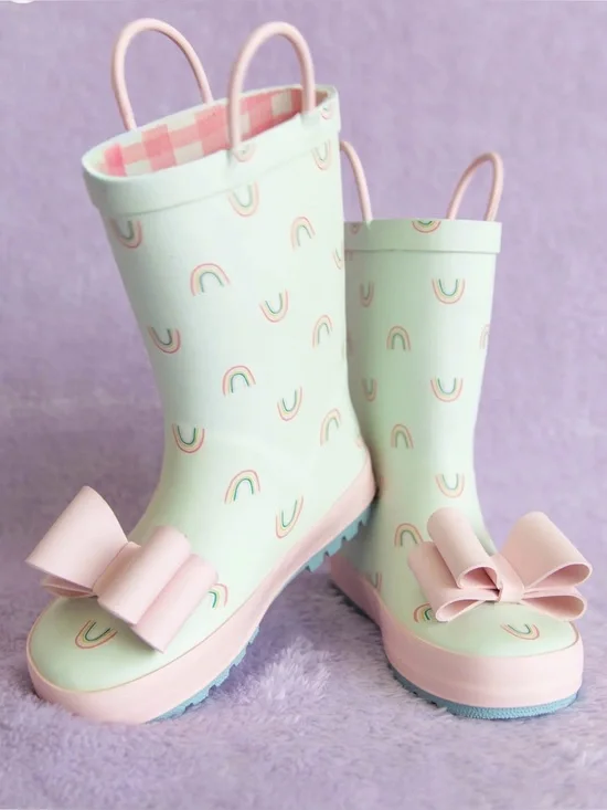Sweet Honey Rain Boots Over the Rainbow Mint Green Pink Bow Toddler Size 2