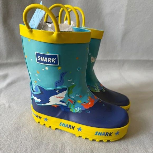 Blue Shark Toddler Rubber Rain Boots Yellow Trim Waterproof Pull On Size 10