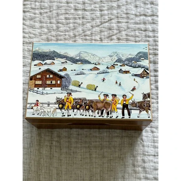 Jobin of Switzerland Wooden Music Box Swiss Alpine Winter Scene Min Vater isch