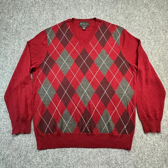 INC International Concepts Argyle‎ Sweater Mens XXL Red Merino Wool Blend