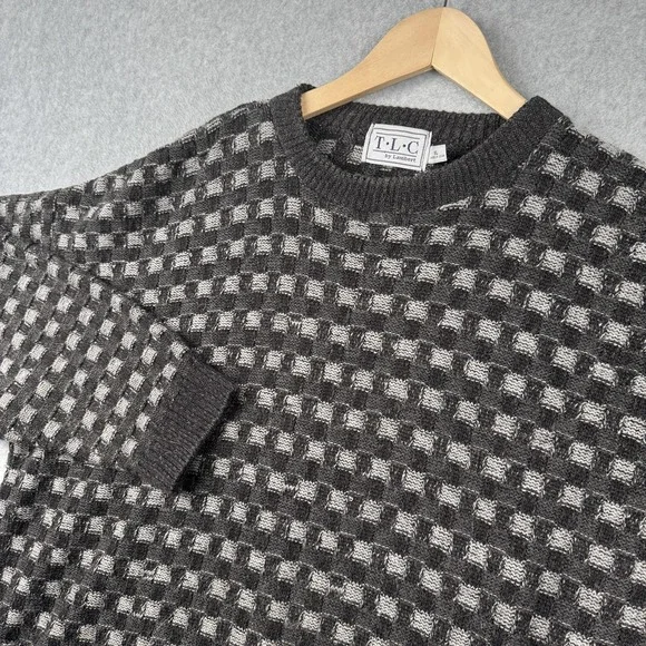 VTG TLC by Lambert Sweater Mens XL Gray Checkerboard Textured Knit USA Grandpa