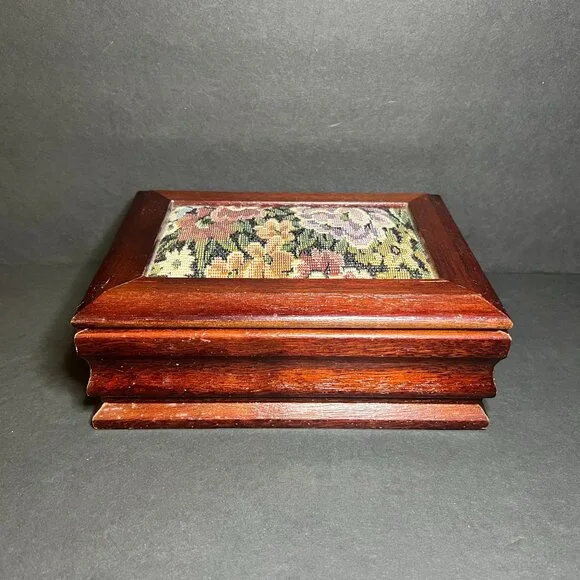 Vintage Floral Tapestry Inlay Wooden Hinged Lid Pink Velvet Lined Jewelry Box
