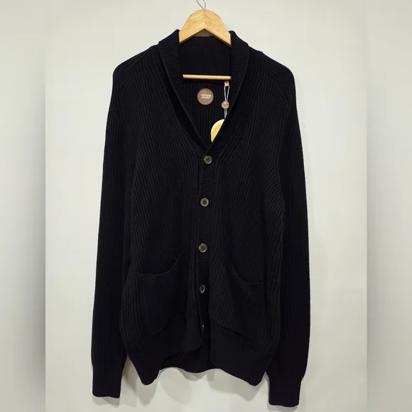 Common People Navy Shawl Collar V-Neck Button Up Ribbed Knit Cardigan Preppy M