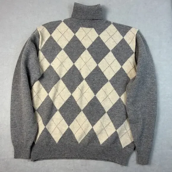 SHIPS English Argyle Pullover Lambswool‎ Sweater Turtleneck Mens L Gray Cream