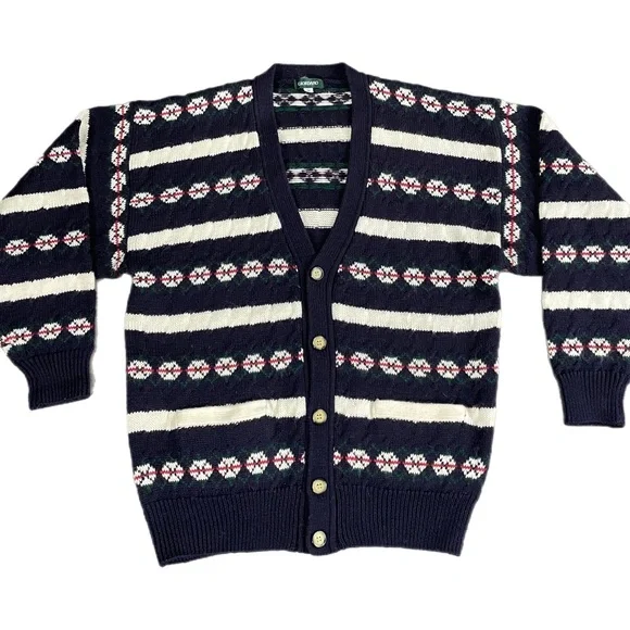 VTG Men’s Wool Navy Blue‎ Fair Isle Christmas Grandpa Cardigan Sweater M