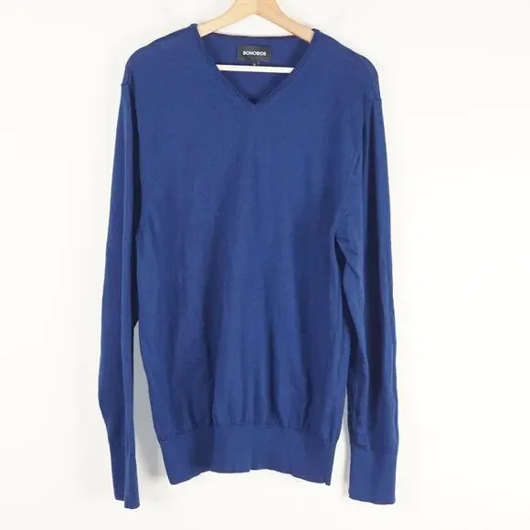 Bonobos 100% Extra Fine Merino Wool Blue V neck Sweater Mens Sz XL