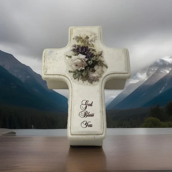 Vintage‎ Cross Shaped Trinket Box God Bless You Floral Ceramic Keepsake Lid