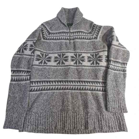 Eddie Bauer Lambswool Sweater XL Gray Nordic Fair Isle‎ Quarter