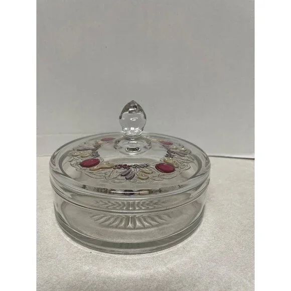 CLEAR GLASS TRINKET BOX WITH EMBOSSED FRUIT COVER 6