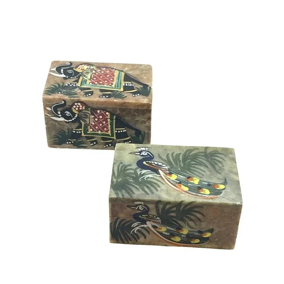 Hand Painted Handmade Soapstone Elephant & Peacock Trinket Jewelry Boxes Set