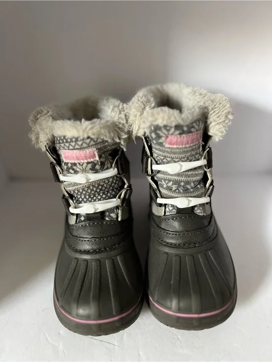 London Fog Kids Winter Snow Boots Faux Fur Gray Pink Size 8