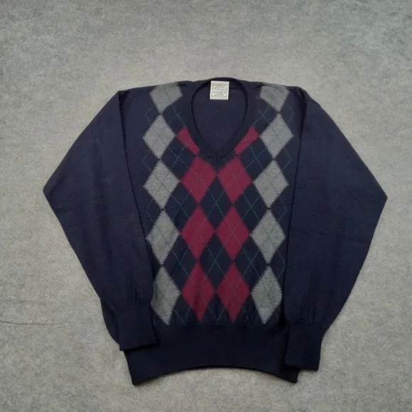 Glenfield Sweater Mens Large Blue Argyle V Neck Pullover Made In‎ Italy
