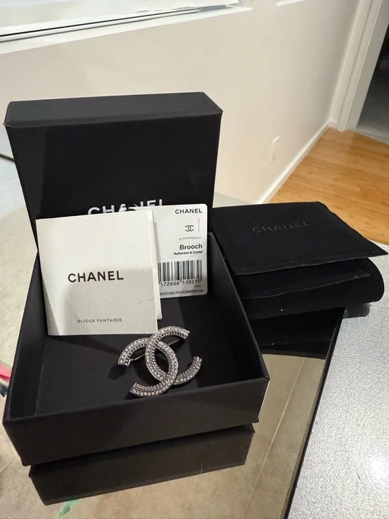 CHANEL Silver Crystal CC Logo Brooch