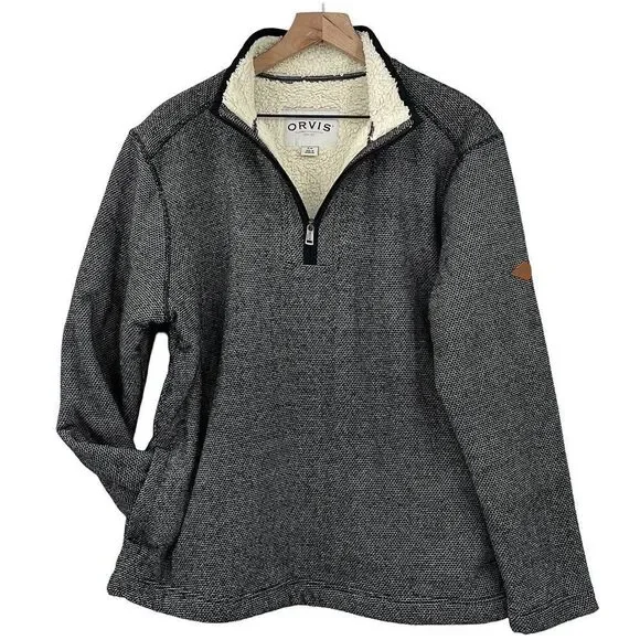 Orvis Men's 1/4 Zip Pullover w/ Pockets Sherpa Lined High Neck Gray/Black | M