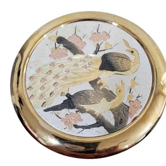 Vintage Chokin Art Peacock Engraved and Gilded in Gold Trinket Dish From Japan