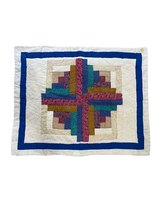 Vintage Handmade Quilted Log Cabin Star Pillow Sham Multicolored Multi Print