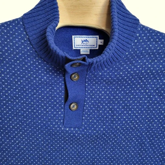 Southern Tide Mens Medium‎ Blue Button Mock Neck Pullover Knit Sweater Textured
