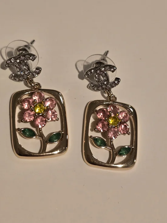 Chanel- Crystal Floral Drop Earrings - Pink & Green