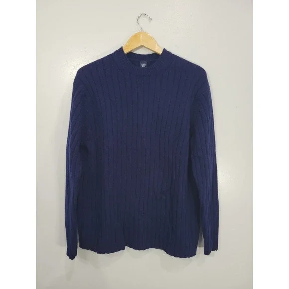 Vintage GAP Mens Lambswool Ribbed Knit Crew Neck Sweater Navy Blue‎ Large