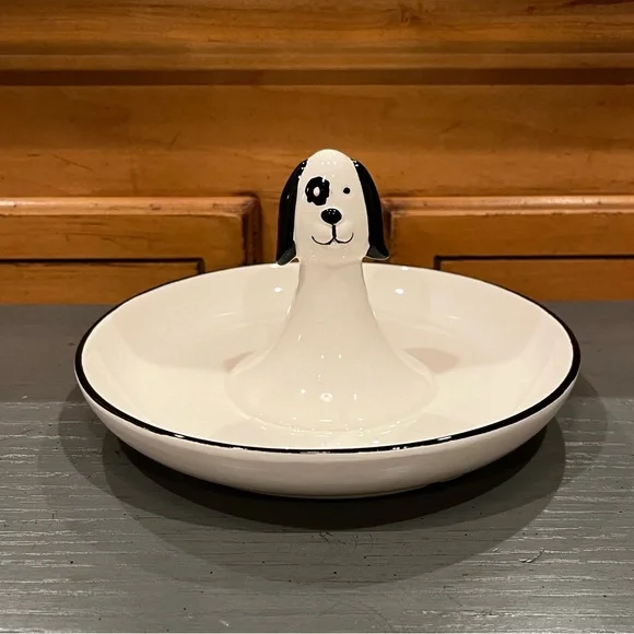 NEW Gerson Lone Elm Studios Black & White Porcelain Dog Themed Ring Jewelry Dish