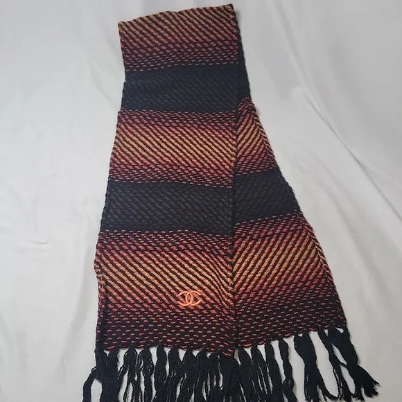 CHANEL Black and Orange Striped Scarf