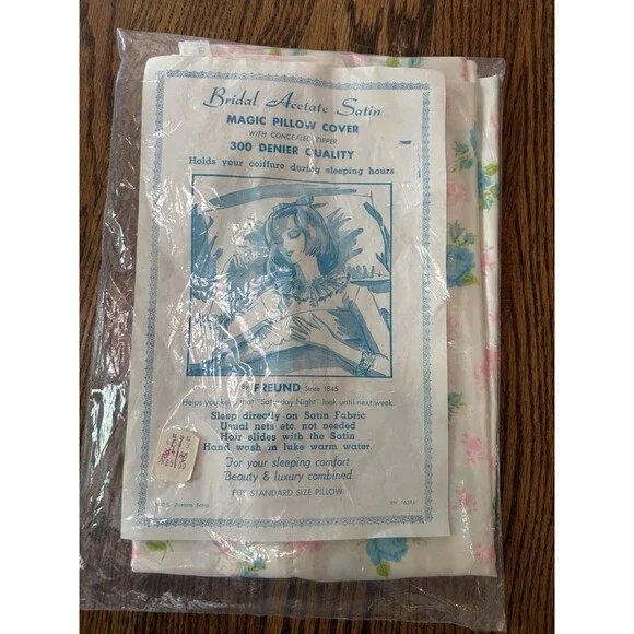New Vintage Bridal Acetate Satin Magic Pillow Cover Made USA Freund Blue Flowers