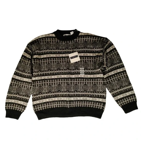 NWT Vintage Studio Mens Fair Isle‎ Knit Sweater Black Gray Geometric Pattern L