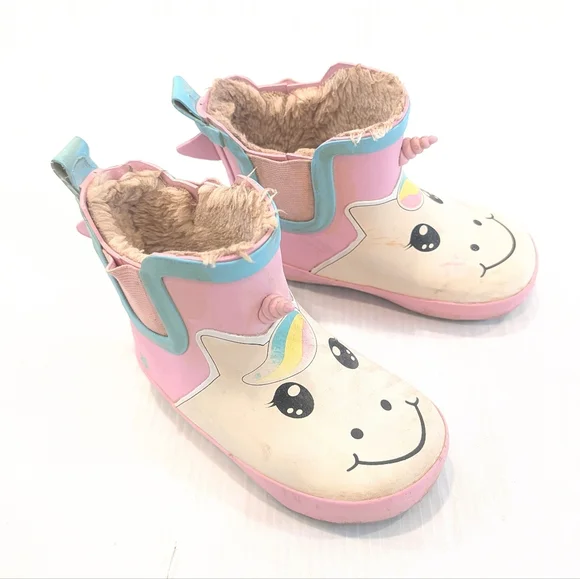 LILY & DAN Girls Unicorn Face Fur Lined Pull-on Rubber Rain Snow Boots Size 7/8