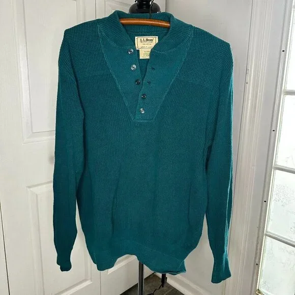 Vintage Men's LL Bean Teal Henley Sweater Size XL