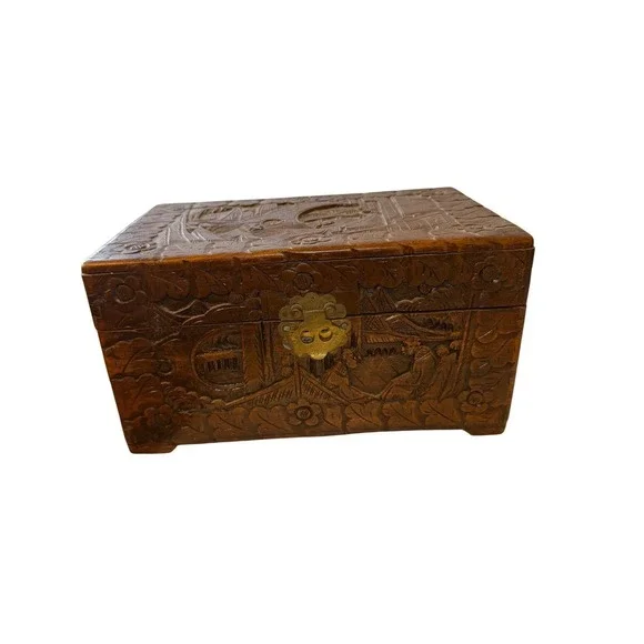 Vintage Hand Carved Camphor Wood Jewelry Box Asian Village Scene Brass Latch 12