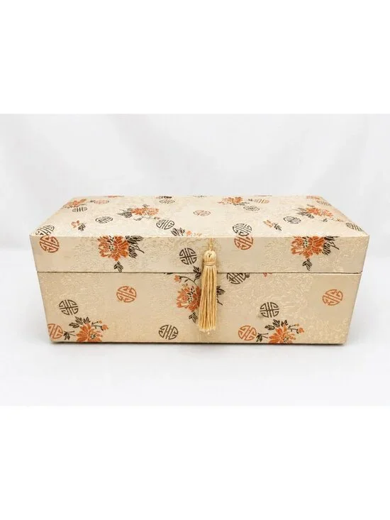 Vintage Musical Jewelry Box Floral Fabric Plays Sacred Lotus Seed Hinged Mirror