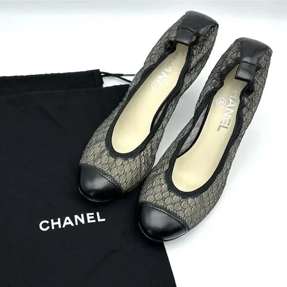 CHANEL Black Lace & Leather Elastic Heel Pumps Cap Toe IT 38.5