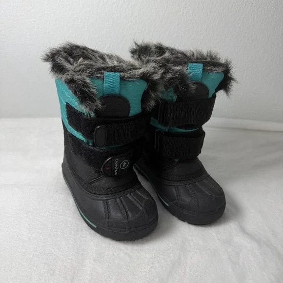 Quechua Little Kids Snow Boots Size 10 Black And Teal Faux Fur Lining Activewear
