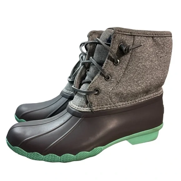 Sperry Saltwater Duck Boots Gray And Teal Green Size 4 Rain Snow Shoes