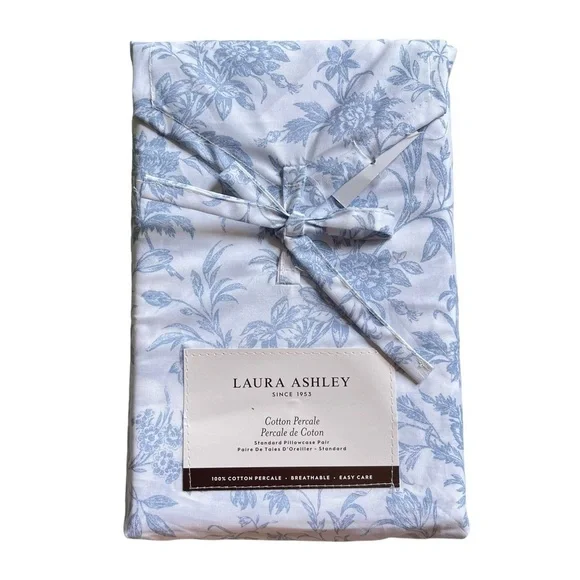 Laura Ashley Blue Floral Natalie cotton Percale 2 Standard pillowcases NWT