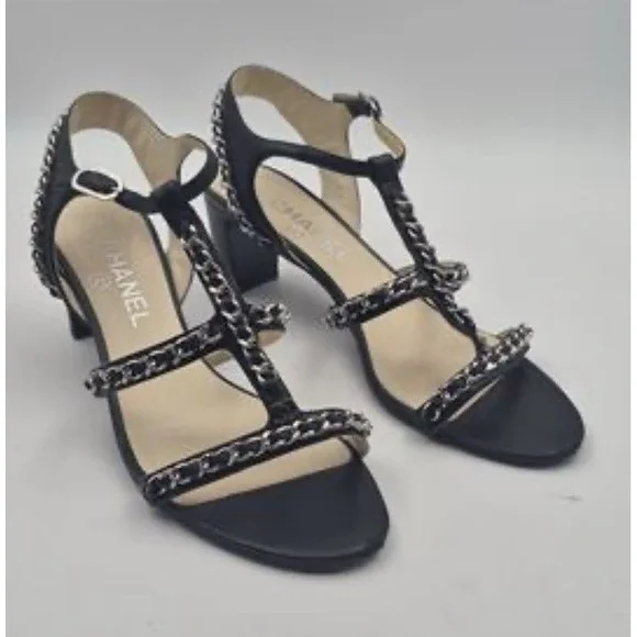 CHANEL Black Chain T-Strap Sandal Heels 39.5‎ 8.5 Silver CC Block