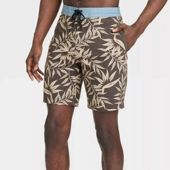 Target Goodfellow & Co Brown and Tan Board Shorts Tropical Leaf Print