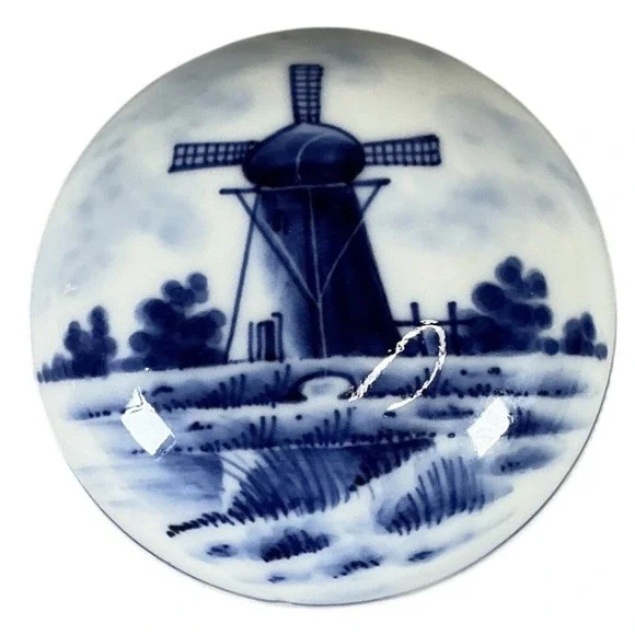 Vintage Blue White Porcelain Trinket Box Windmill‎ Germany Small Jewelry Box