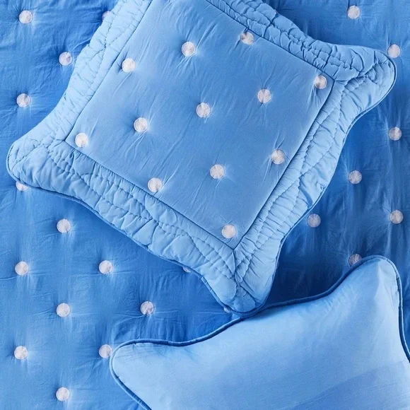 NWT new Anthropologie cotton embroidered polka dot euro sham pillow Blue White