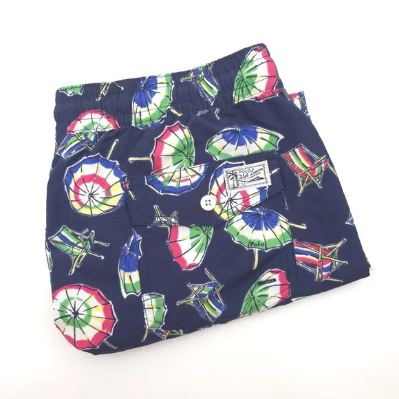 Polo Ralph Lauren Swim Trunks Mens Medium Blue Hawaiian Aloha Floral‎ Polo Bear