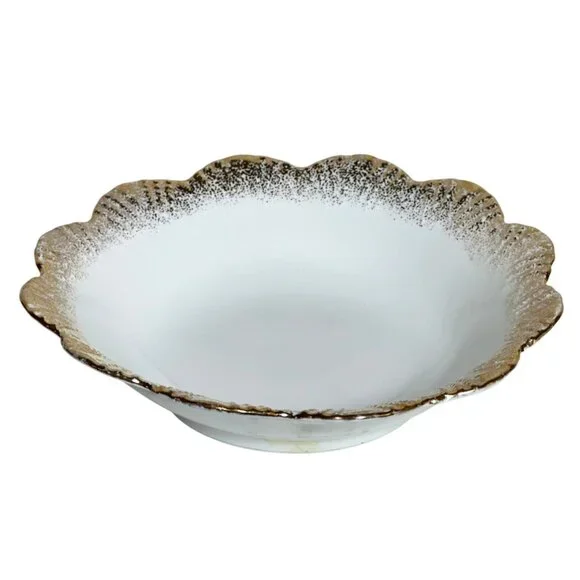 Vintage Milk Glass Petite Trinket Dish Scalloped Bowl Gilt Rim Vanity Decor
