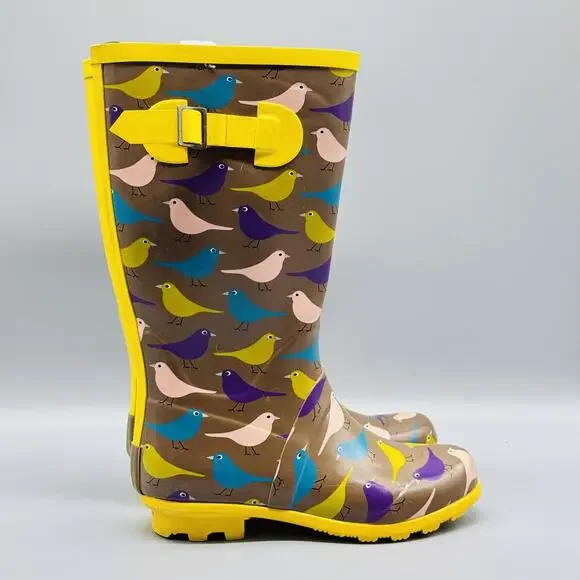 Mini Boden Boots Youth Girls 3 Yellow Brown Rain Bird Print Rubber Tall