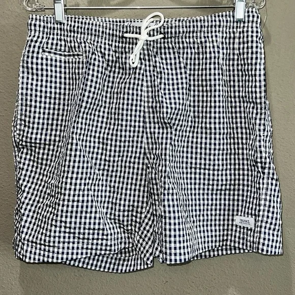 Men TRUNKS Surf & Swim Co. dark blue plaid lined swim trunk size large