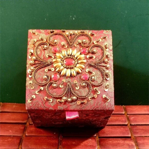 Jeweled & Embellished Red Silk Brocade Jewelry Trinket Box 4