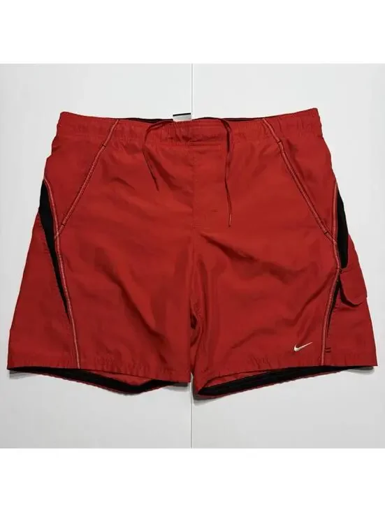 2010’s Nike Swim Shorts Mesh Lined Drawstring Red Black Cargo Swoosh Men's M