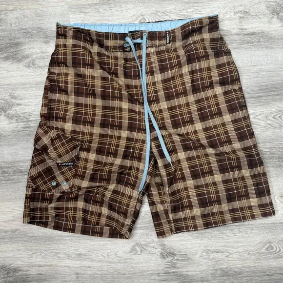Airwalk Plaid Swim Trunks Shorts Mens Brown‎ Tan Drawstring Cargo Pocket