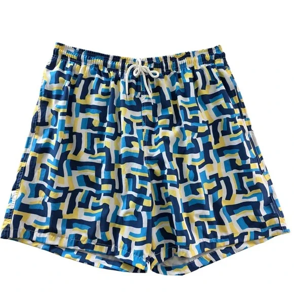 Hot Coals Mens Swim Trunks XL Blue Yellow Geometric Maze Quick‎ Dry UPF 50+ New