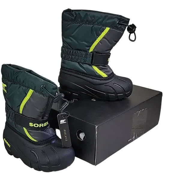Sorel Flurry Toddler Size 9 Black & Green Waterproof Winter Snow Boots NEW