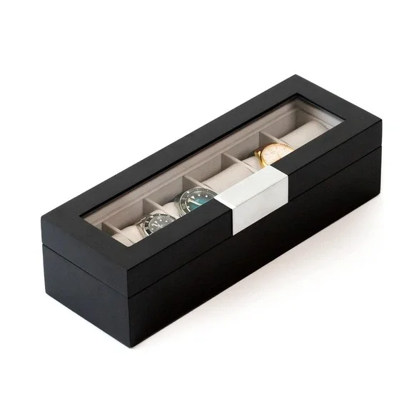 Case Elegance 6 Slot Watch Box Matte Black Glass Top Organizer PJ0582