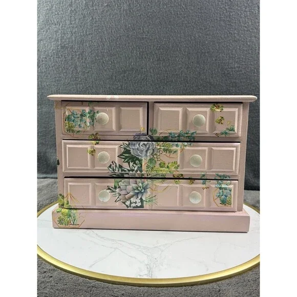 Vintage Wood Jewelry Box Hand Painted Decoupage Floral 4 Drawer Chest Organizer